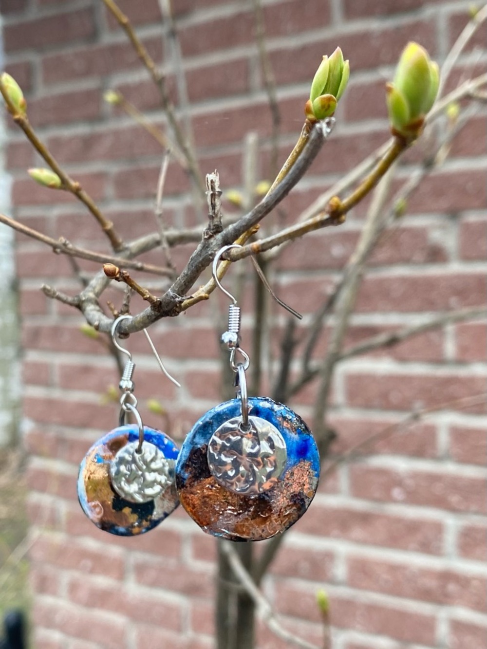 Blue and Copper Round Clay Dangle Earrings